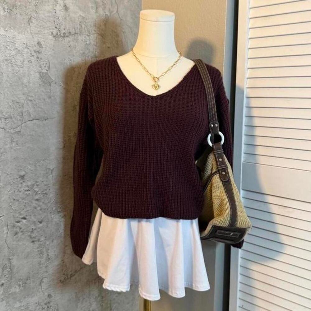 Preppy No Comment Cable Knit Purple V Neck Sweater